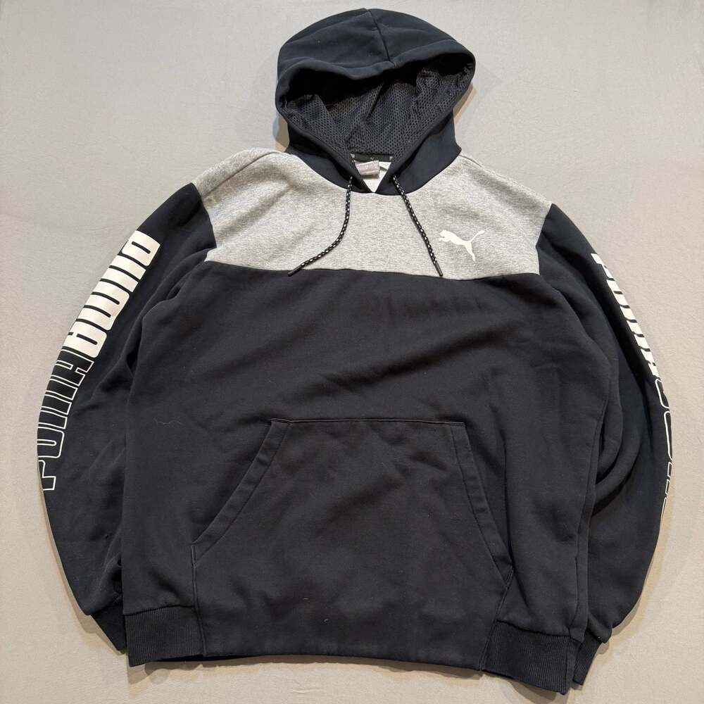 Puma Black and Grey Colorblock Pullover Hoodie with Logo Sleeves Size M